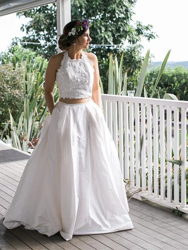 White Lace Satin Two Piece Halter With Pocket Wedding Dresses ,DB0178 White Lace Gown