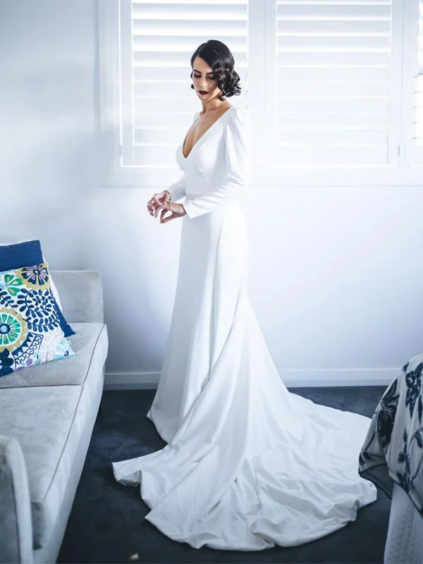 White Satin Long Sleeve V-neck With Train Simple Wedding Dresses,DB0164 Sparkle Bridal Dress