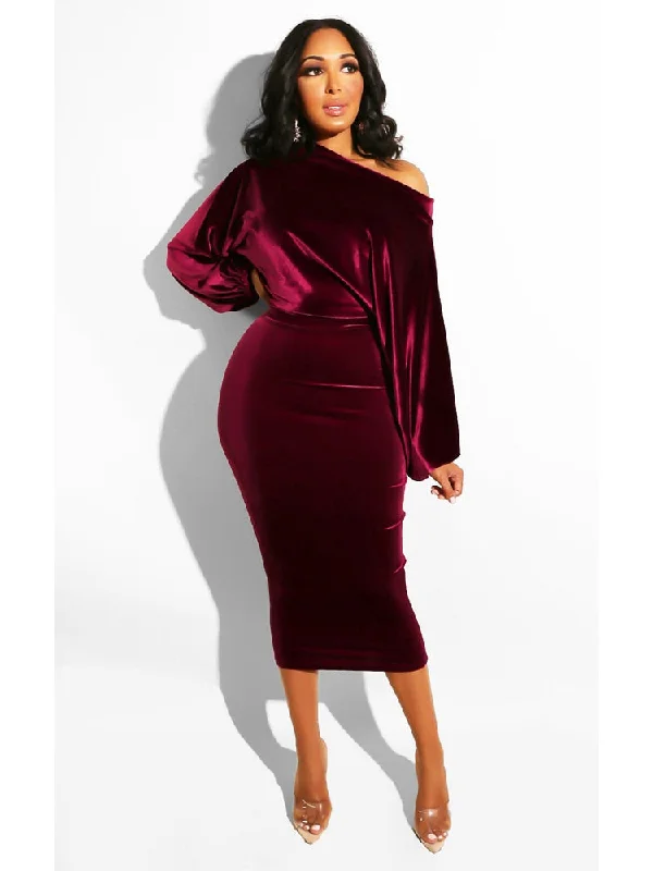 Zjkrl - Autumn Elegant Velvet Evening Dress Women Sexy One Off Shoulder Long Sleeve Bodycon Party Midi Dress 2022 Winter Clothes Boho midi dresses