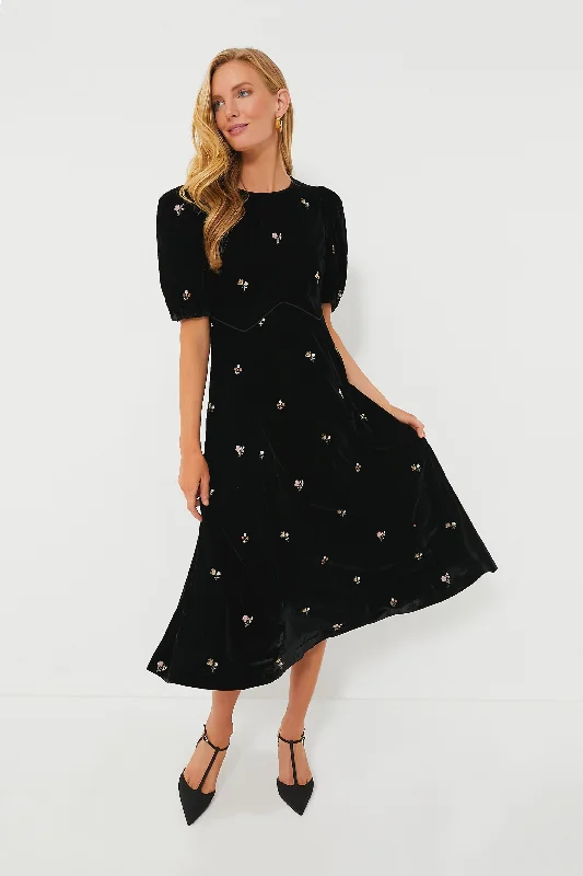 Black Rubina Embroidery Puff Sleeve Midi Dress Trendy midi dresses under $50