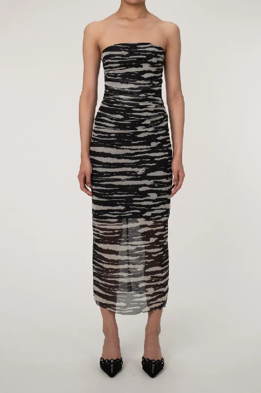 Dynamic Zebra Printed Strapless Ruched Mesh Bodycon Cocktail Midi Dress Red carpet midi dresses