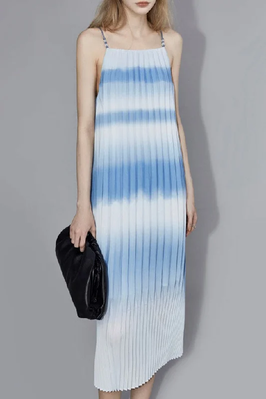 Flowing Gradient Striped A Line Sleeveless Pleated Slip Midi Dress - Sky Blue Shein midi dresses