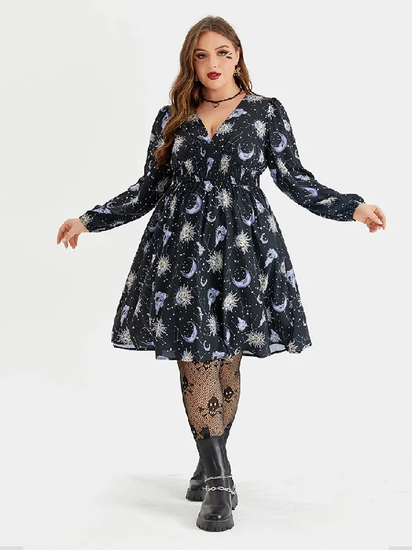 Halloween Print V-Neck Lantern Sleeve Midi Dress Flowy midi dresses