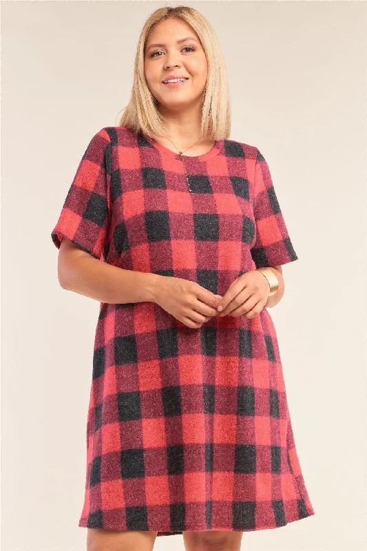 Plus Size Buffalo Plaid Checkered Sweater Midi Dress Y2K midi dresses