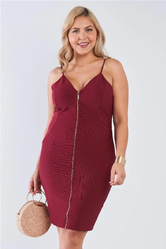 Junior Plus Size Burgundy V-Neck Zip Up Bodycon Midi Dress /2-2-2 Best midi dresses for date night