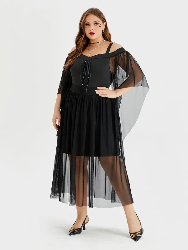 Halloween Drawstring Front Cold Shoulder Mesh Midi Dress A-line midi dresses