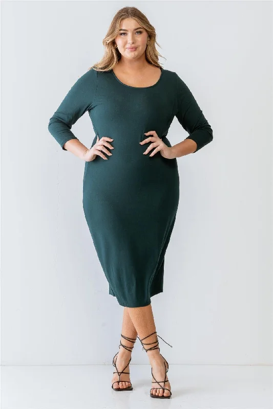 Junior Plus Size Green Basic Long Sleeve Midi Dress /1-2-2-1 Beach midi dresses