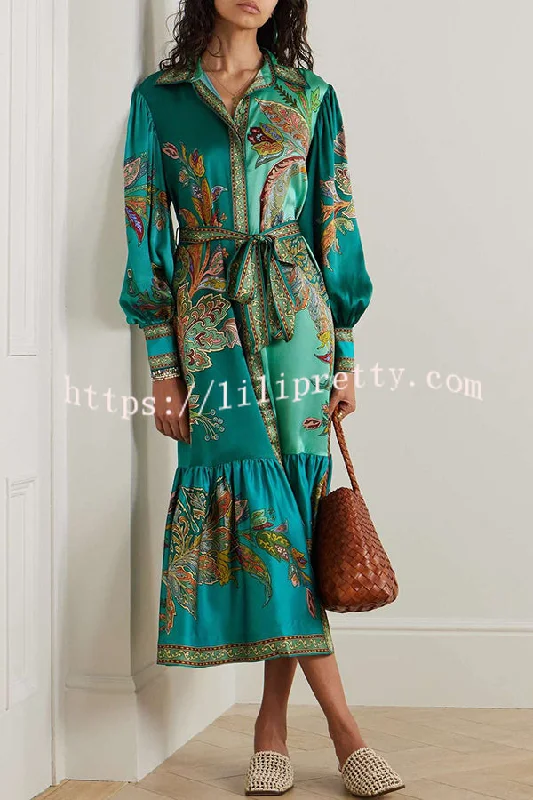 Resort Style satin Unique Printed Lapel Lantern Sleeve Lace-up Midi Dress Preppy midi dresses