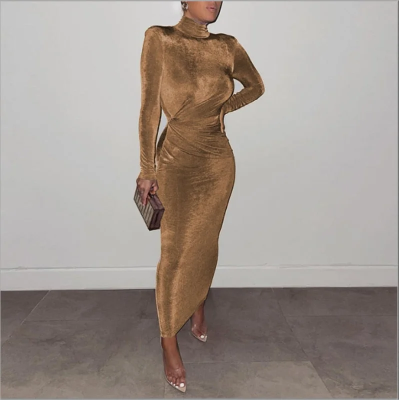 Zjkrl Sexy Long Sleeve Turtleneck Midi Dress for Women 2023 Spring Women's Elegant Bodycon Evening Party Long Dresses Black Blue Khaki Graduation midi dresses