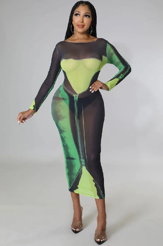 Sexy Round Neck Tie Dye Printed Long Sleeve Sheer Mesh Midi Dress - Green Stretchy midi dresses