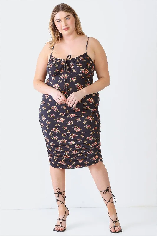 Plus Size Black Floral Print Ruched Midi Dress Chiffon midi dresses