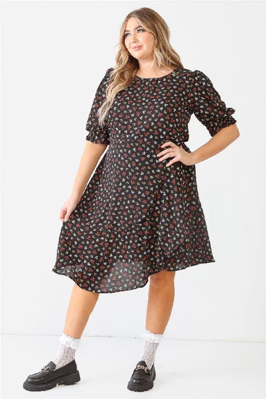 Junior Plus Black Flower Print Midi Sleeve Belted Flare Midi Dress /1-1-1 Fashion-forward midi dresses