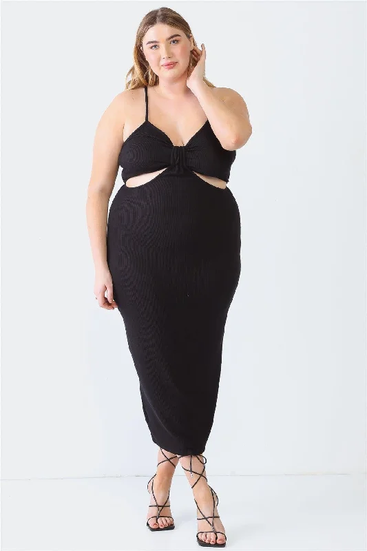 Plus Size Black Ribbed Bow Cut-Out Strappy Midi Dress /1-1-1 Cotton midi dresses