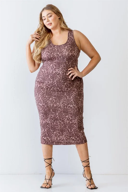 Junior Plus Brown Leopard Print Sleeveless Midi Dress /2-2-2 Boohoo midi dresses