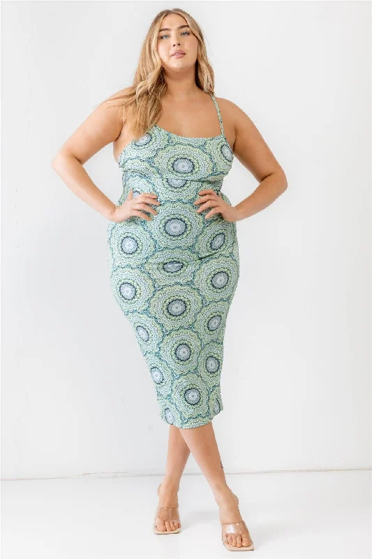 Plus Size Lime Retro Abstract Print Sleeveless Midi Dress Denim midi dresses