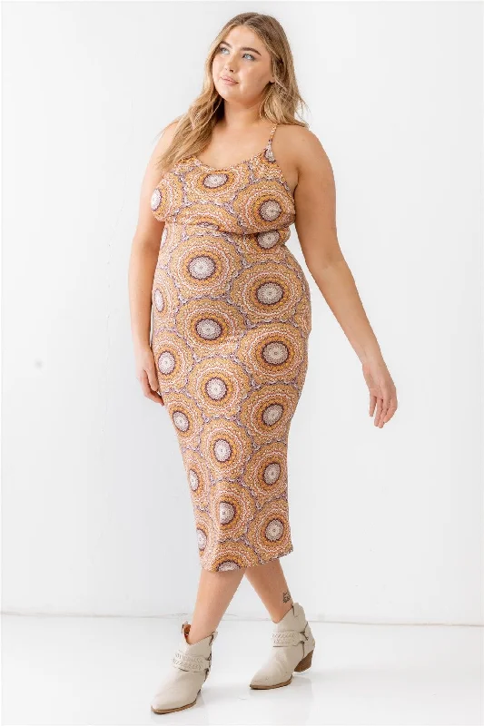 Plus Size Mustard Retro Abstract Print Sleeveless Midi Dress Satin midi dresses