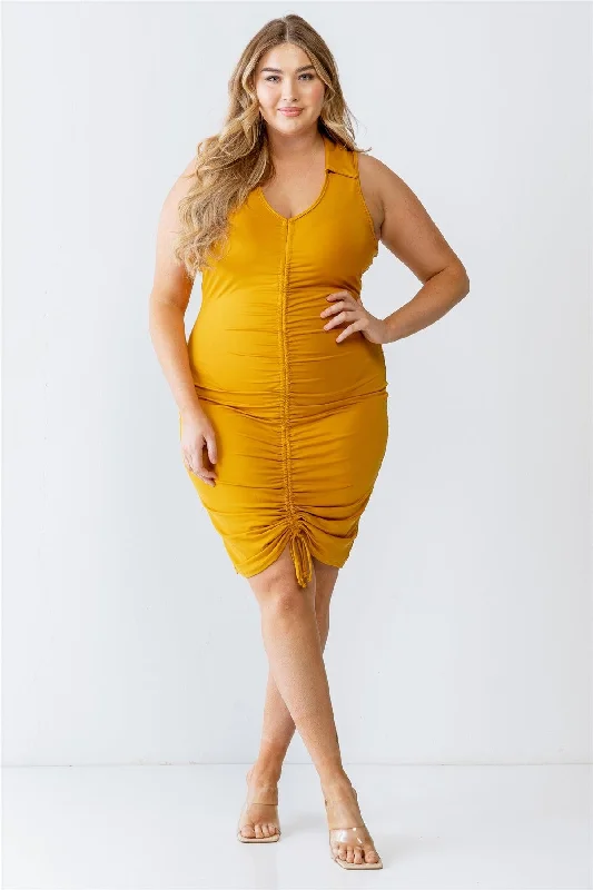 Junior Plus Mustard Elasticized Ruched Collared Neck Midi Dress /2-2-2 Revolve midi dresses