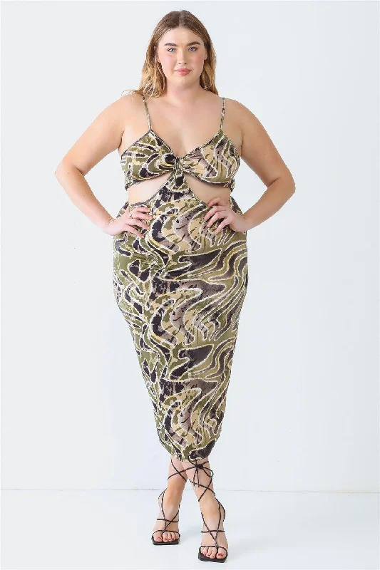 Plus Size Olive Printed Bow Cut-Out Sleeveless Midi Dress Hot new arrivals in midi dresses