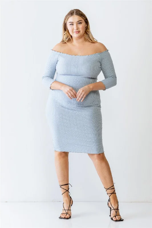 Plus Size Blue Ribbed Off-The-Shoulder Midi Dress Women's midi dresses