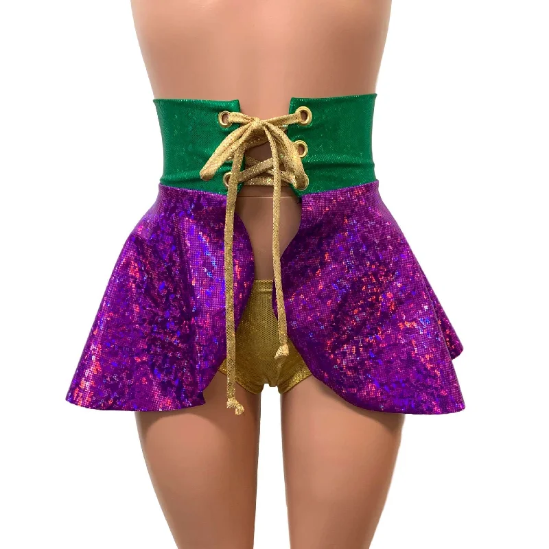 Mardi Gras Corset Skirt - Holographic Lace-Up Skater Skirt High-waisted unclassified skirts