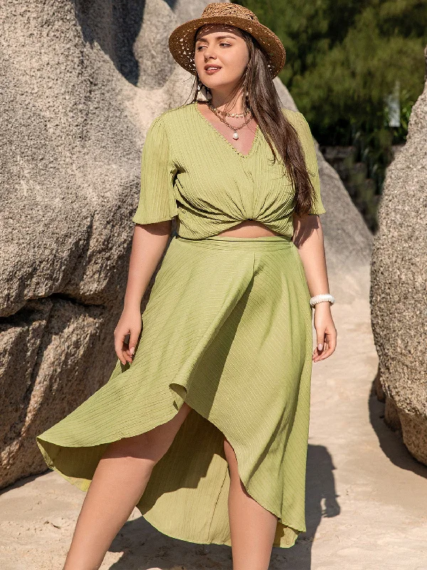 Plus Size V-Neck Half Sleeve Top and High-Low Skirt Set Velvet unclassified skirts