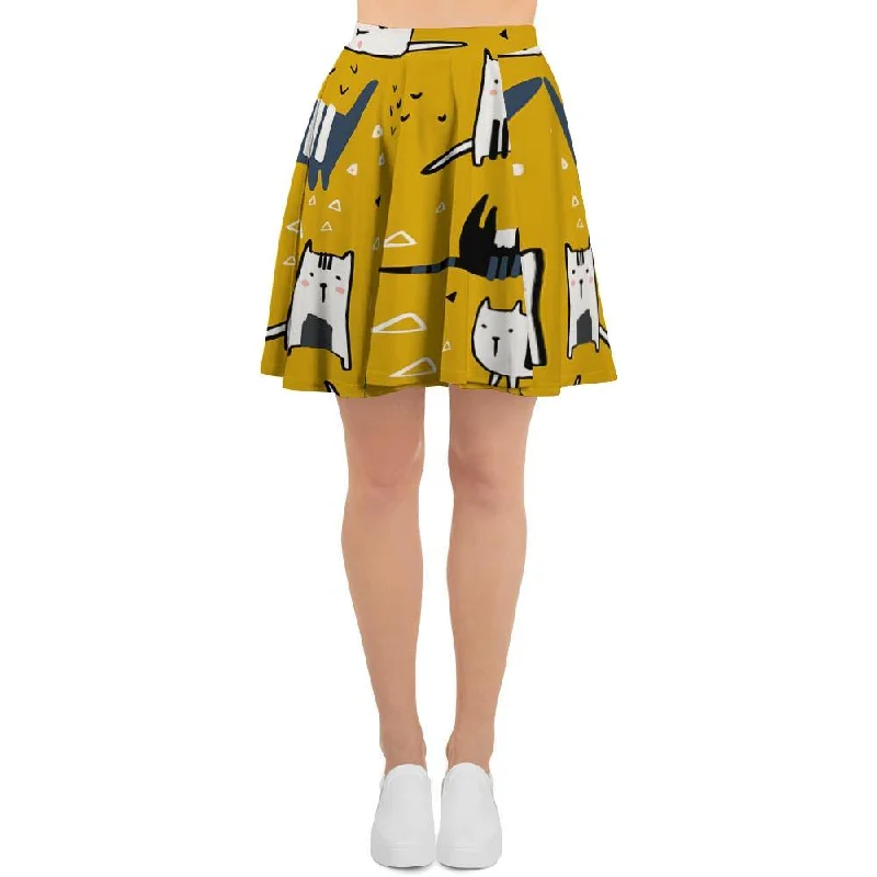 Yellow Doodle Cat Print Women's Skirt Pleated unclassified skirts