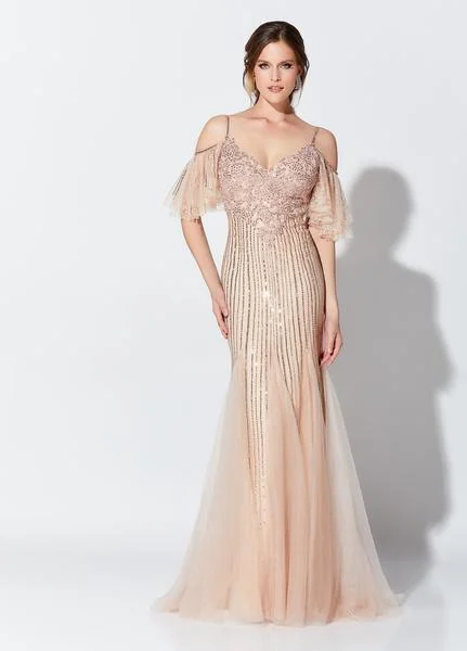 Ivonne D for Mon Cheri - Beaded V-Neck Cold Shoulder Evening Dress 119D46 - 1 pc Rosegold/Nude in Size 12 Available Ruffled party dresses