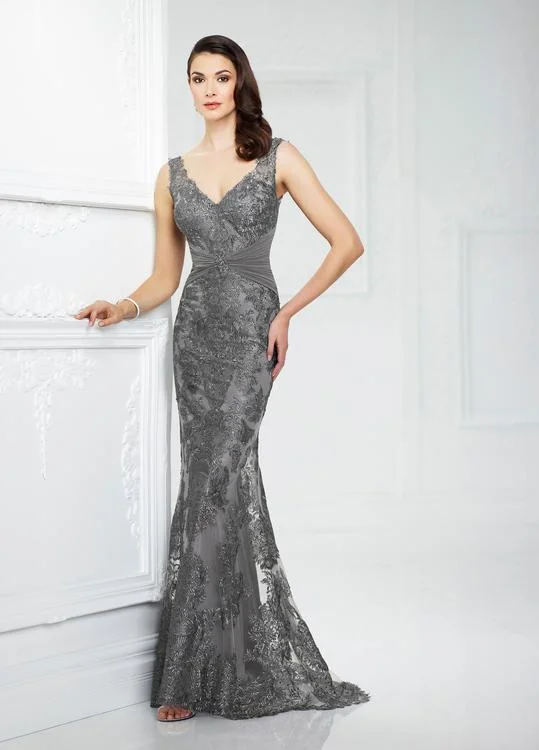 Mon Cheri 217942 Embroidered Ruched Sheath Gown - 1 pc Smoke in Size 18 Available High-end party dresses