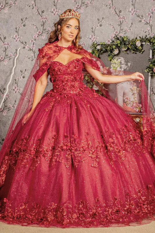 3D Floral Off Shoulder Cape Ball Gown by Elizabeth K GL3179 Graduation floral dresses