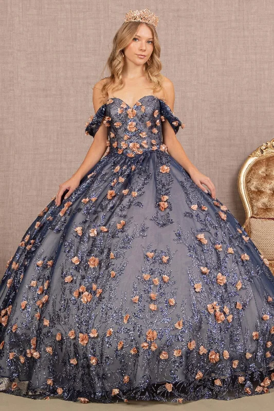 3D Floral Off Shoulder Glitter Ball Gown by Elizabeth K GL3106 Petite floral dresses