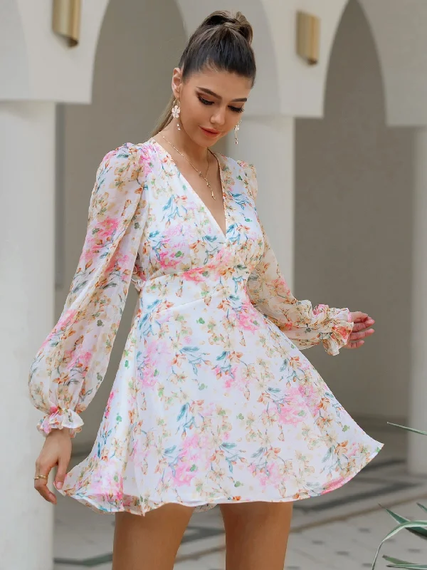 KittenAlarm - Flora Print Chiffon Open Back Long Sleeve Dress Cheap floral dresses