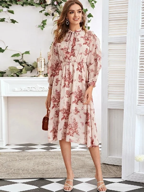 KittenAlarm - Floral Print Neck Tie Elastic Waist Lantern Sleeve Dress Linen floral dresses