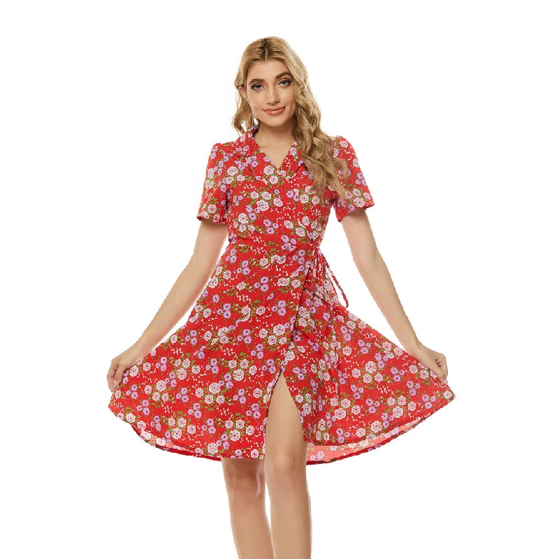 KittenAlarm - Floral Print Notched Lapel Self Tie Wrap Dress Flattering floral dresses for all body types