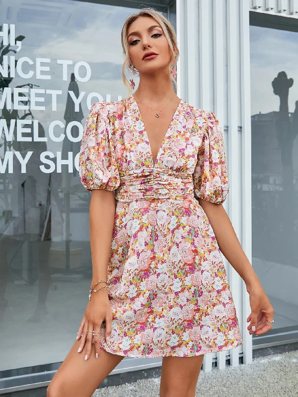 KittenAlarm - Allover Floral Print Puff Sleeve V neck Dress Long floral dresses