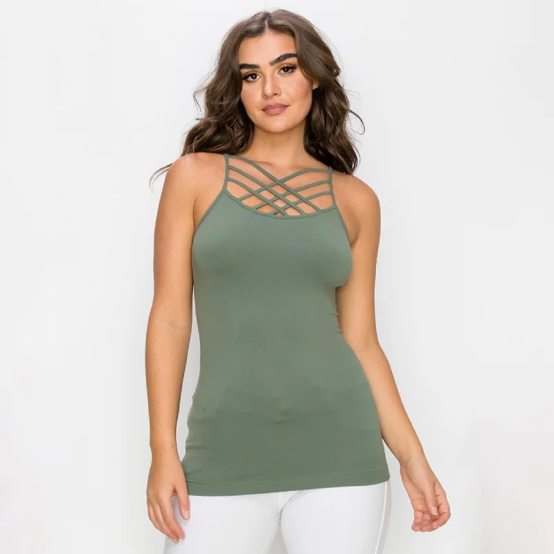 613 - Cami Seamless Triple Criss - Cross Front Cami - Olive Polka dot unclassified dresses