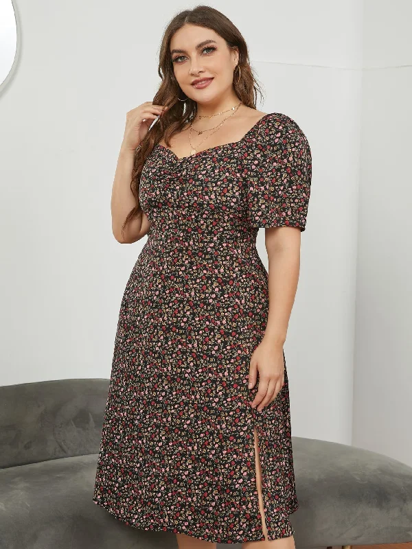 KittenAlarm - Plus Size Long floral collar and waist slit Dress Edgy floral dresses