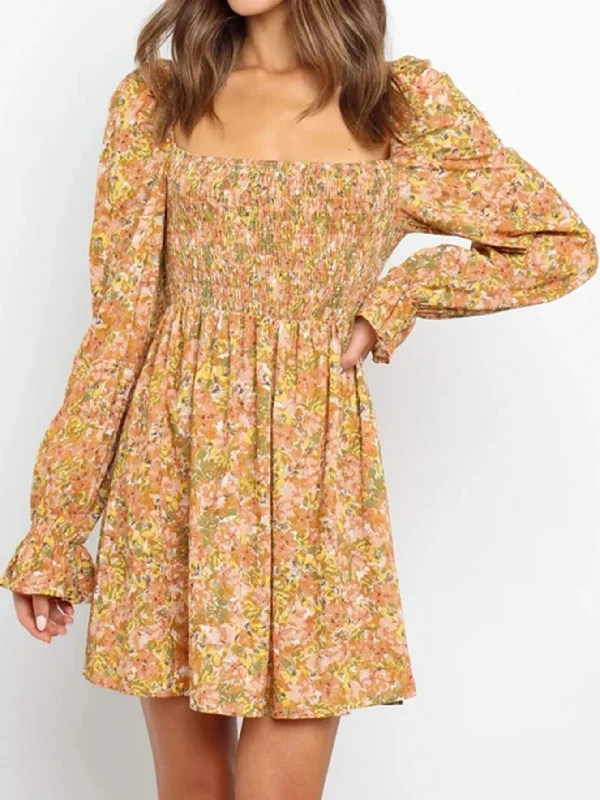 KittenAlarm - Floral Printed square collar long sleeves dress H&M floral dresses