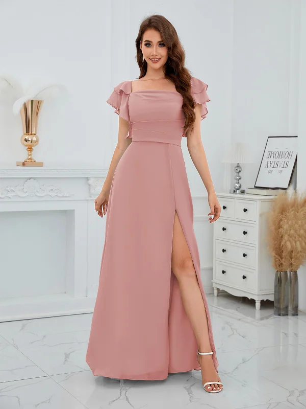 Charleigh Modest A-Line Square Tiered Sleeves Slit Chiffon Bridesmaid Dresses Wrap unclassified dresses