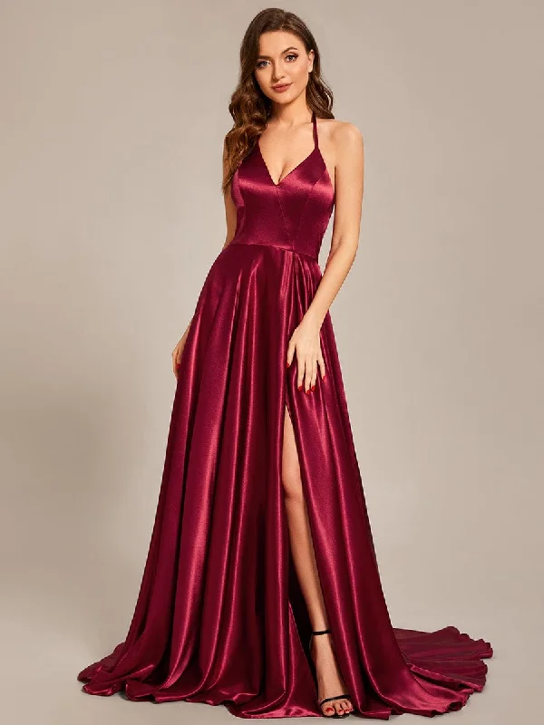 Custom Size Halter Neck High Front Slit Floor Length Prom Dress Embroidered unclassified dresses