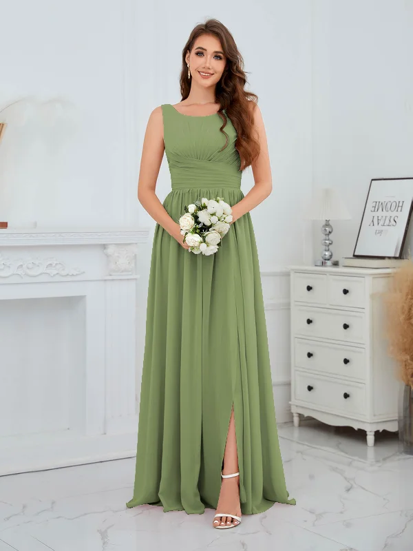 Elaine Chic Scoop Sleeveless Ruched Floor Length Chiffon Bridesmaid Dresses Minimalist unclassified dresses