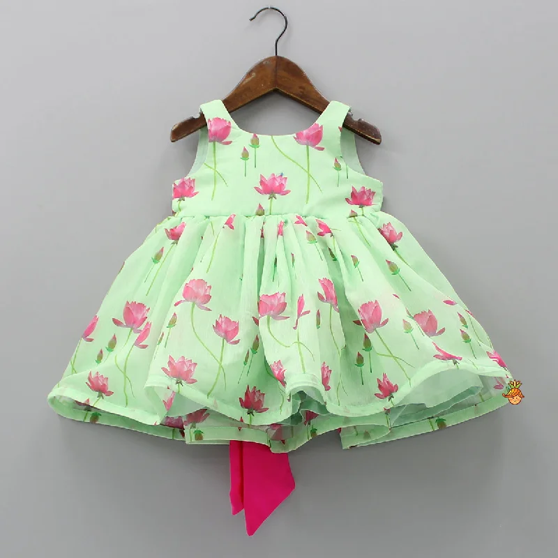 Floral Printed Green Dress With Contrasting Back Bow Summer floral dresses