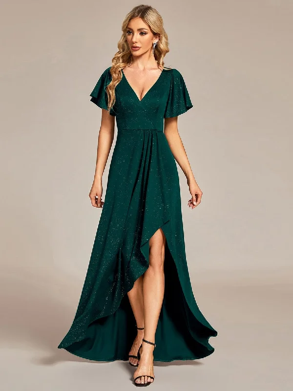 Glitter High-Low Front Side Slit Ruffled V-Neck Evening Dress Elegant unclassified dresses