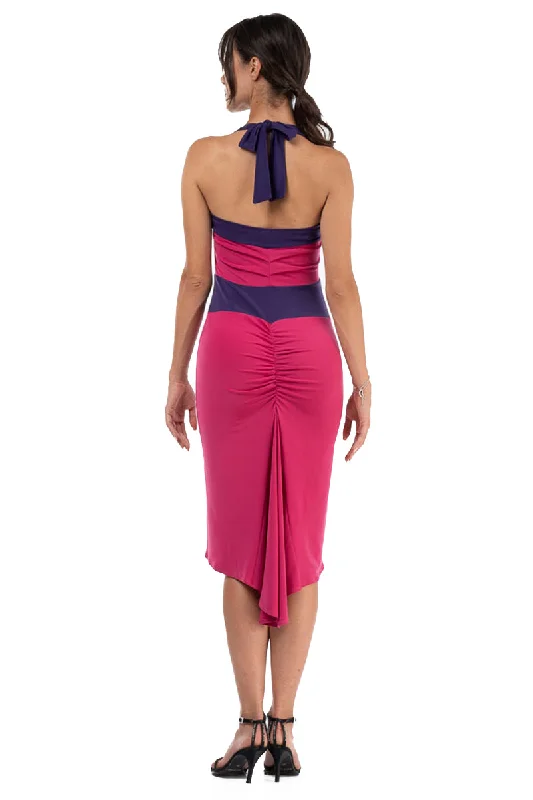 Tie Halter Neck Fuchsia Color Block Fishtail Dress Flowy unclassified dresses