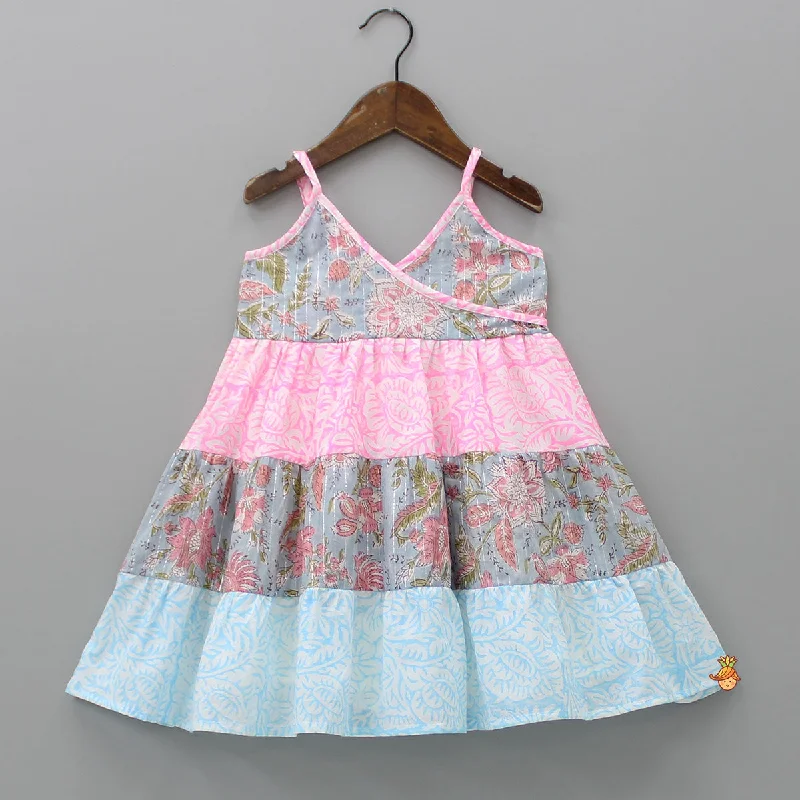 Pre Order: Block Floral Printed And Lurex Striped Tiered Dress Cute floral print summer dresses