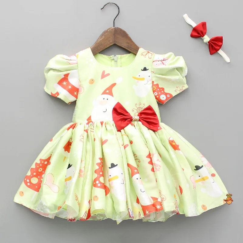 Pre Order: Christmas Theme Printed Green Flared Dress With Bowie Headband Maternity floral dresses