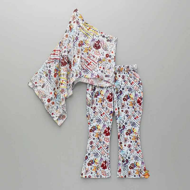 Pre Order: Printed One Shoulder Top And Embroidered Cape With Matching Pant Urban Outfitters floral dresses