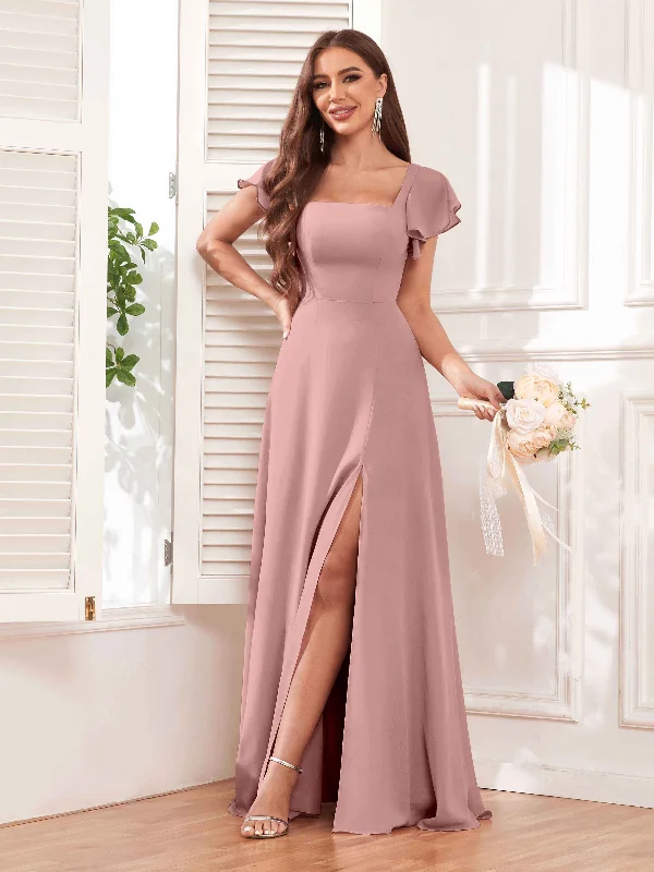 Stevie Elegant Square Neckline Slit Chiffon Bridesmaid Dresses Spring unclassified dresses