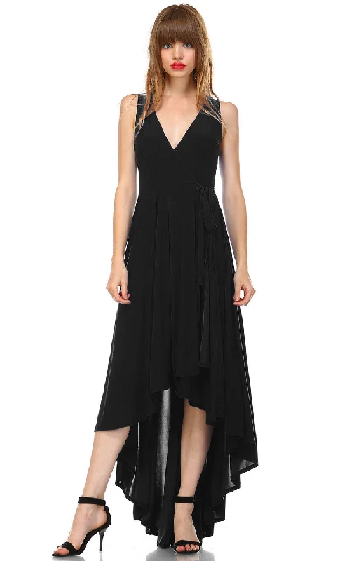 Lycra Sleeveless V-Neck Plunge Belt Hi Low Wrap Dress Black Denim unclassified dresses