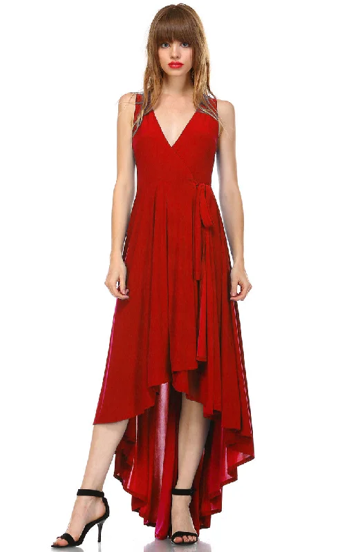 Lycra Sleeveless V-Neck Plunge Belt Hi Low Wrap Dress Red Chiffon unclassified dresses