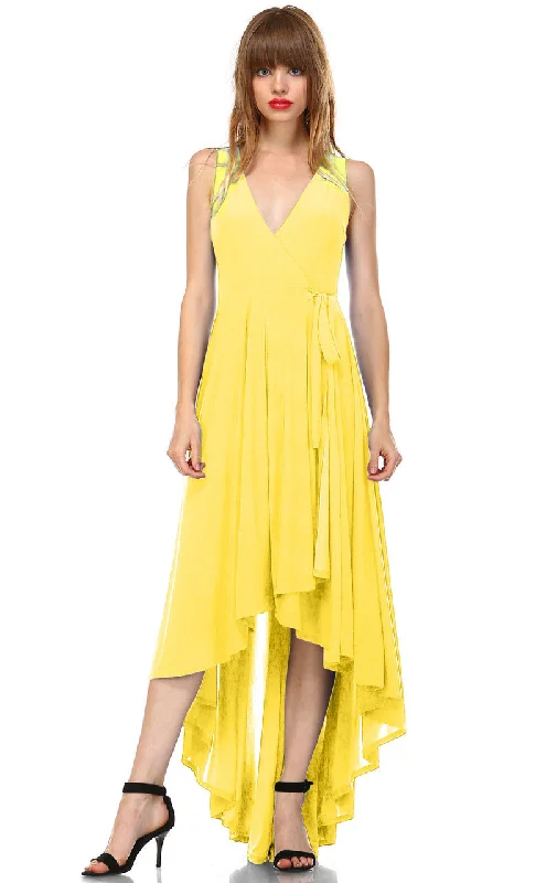 Lycra Sleeveless V-Neck Plunge Belt Hi Low Wrap Dress Yellow Casual chic unclassified dresses